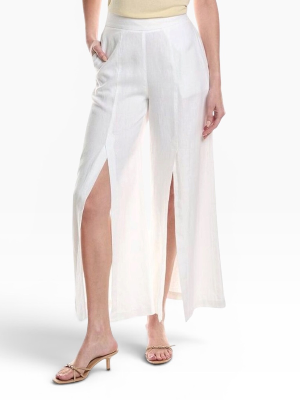 Tyler Boe NWT High Waisted White Linen Wide Leg Front Slit Flowy Pants Sz M